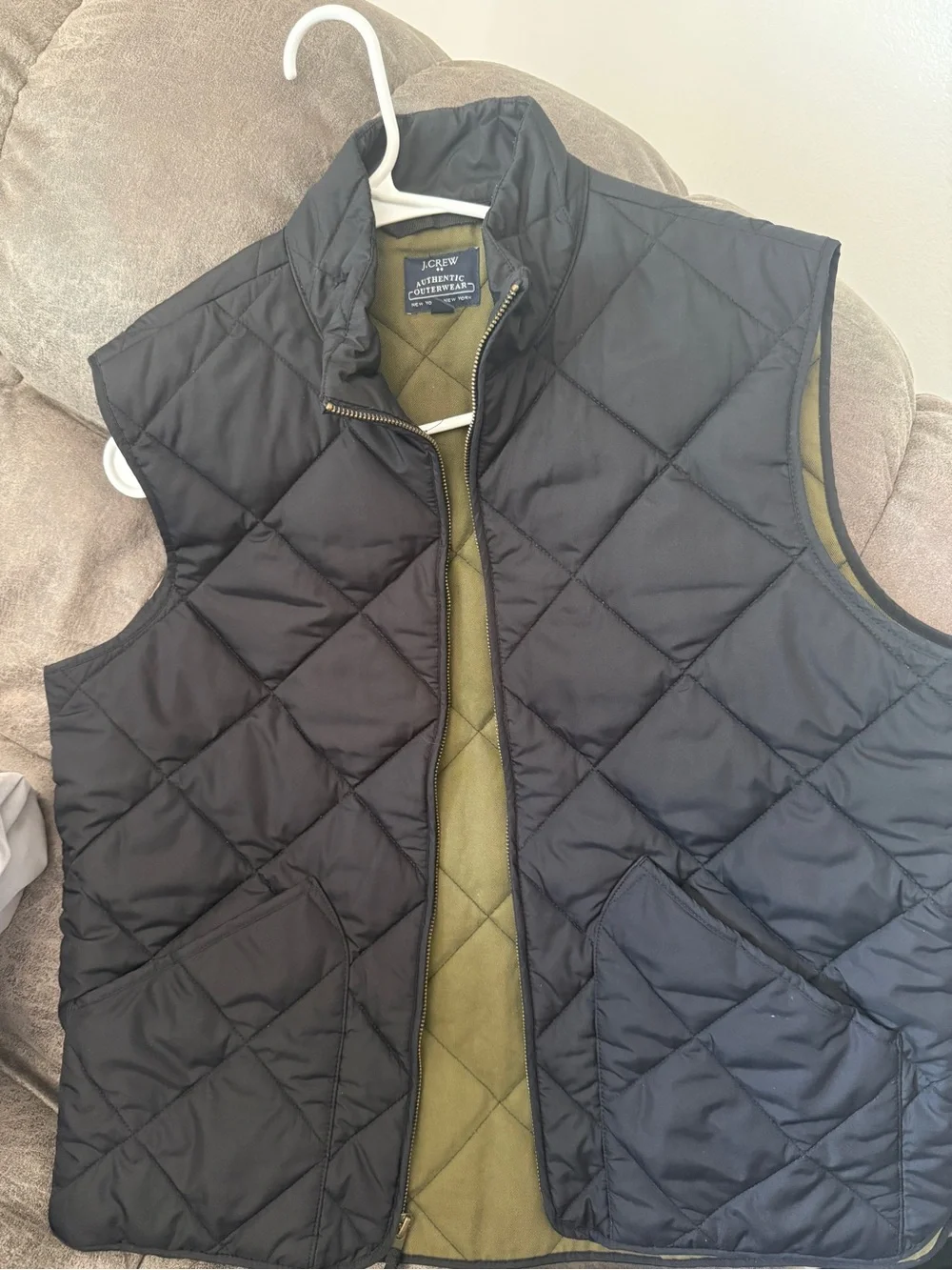 J. Crew Quilted Black Men's Vest with Olive Interior